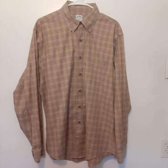 Brooks Brothers Mens L Brown Plaid Long Sleeve Button Up Shirt Non Iron Slim Fit - Picture 1 of 8
